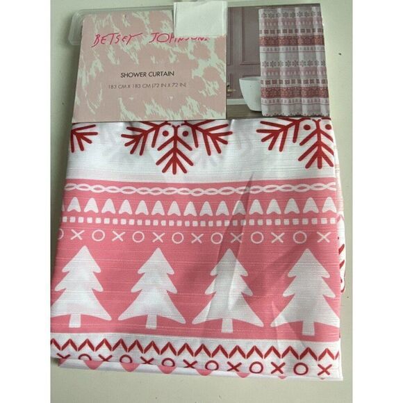 Betsey Johnson Pink Fair Isle Christmas Tree Snowflakes Fabric Shower Curtain - Picture 1 of 13